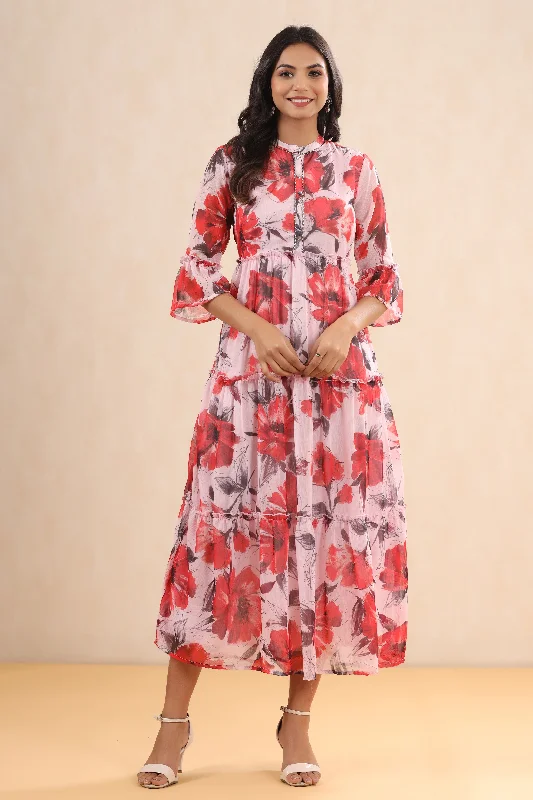 Women's Romantic Outfit Juniper Pink Floral Printed Chiffon Maxi Dress With Buttons & Beads