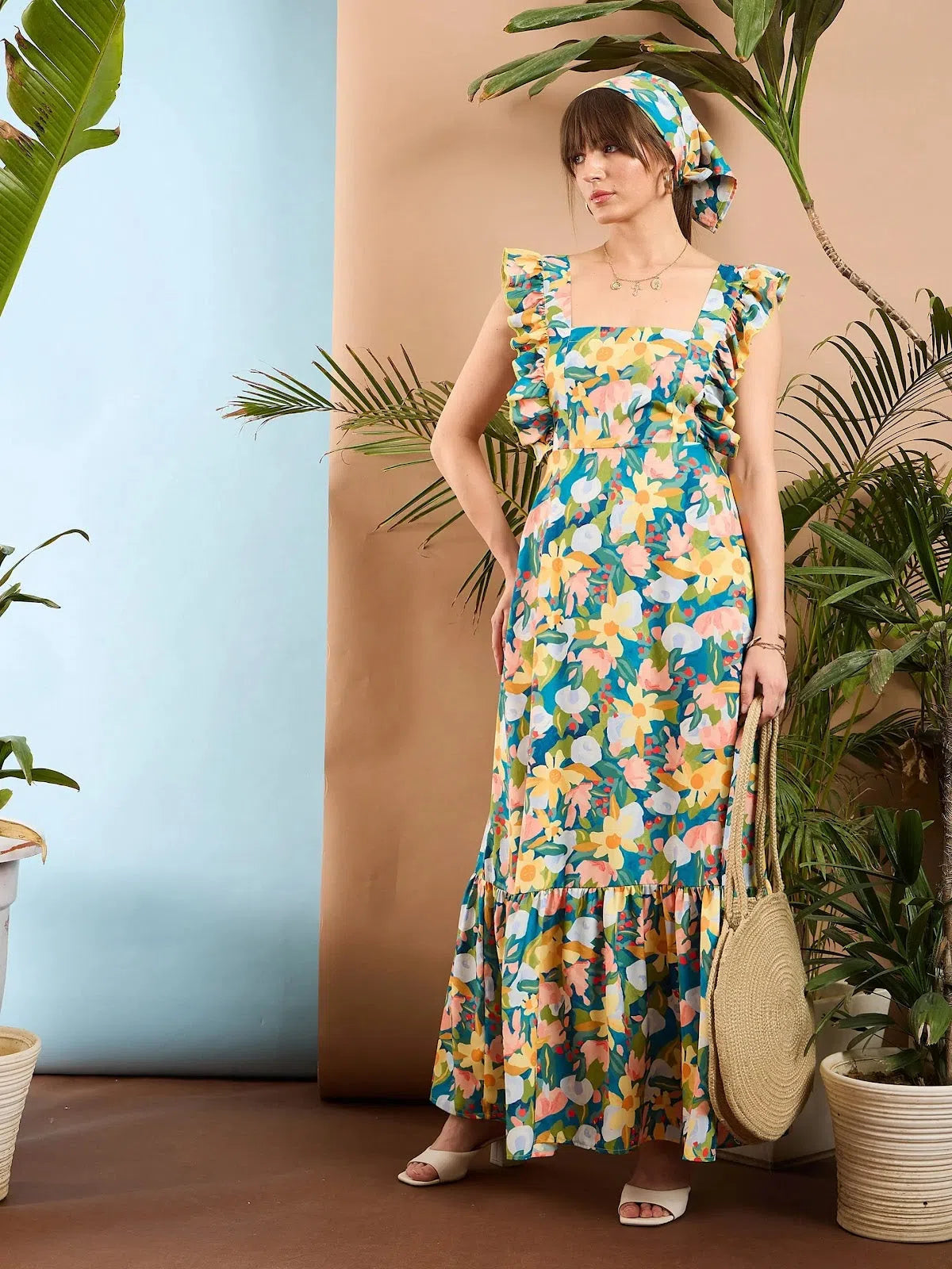 Women's Clothing Apparel Sets Women Sea Green Floral Back Tie Maxi Dress