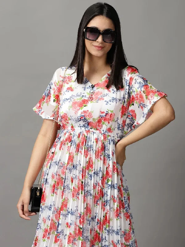 Stylish And Comfortable Clothing For Women Women's White Floral Fit and Flare Dress-KG-592-Whitered