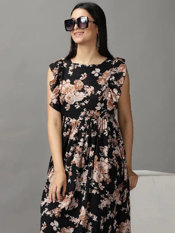 Stylish Women's Clothing Women's Black Floral Fit and Flare Dress-AE-15731-Black