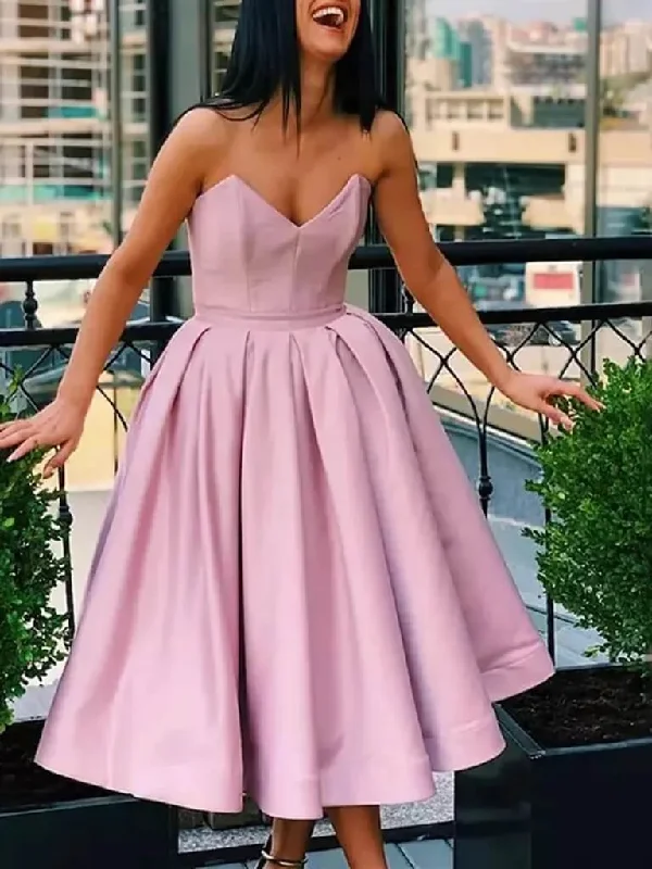 Women's Functional Outdoor Garments Strapless Tea Length Pink Wedding Guest Dress Satin A Line Prom Dresses with Pockets