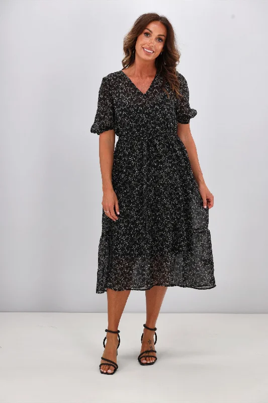 Women's Luxury Attire Gloss by Shine On Kaylee Puffed Sleeve Dress Check Floral Chiffon Black