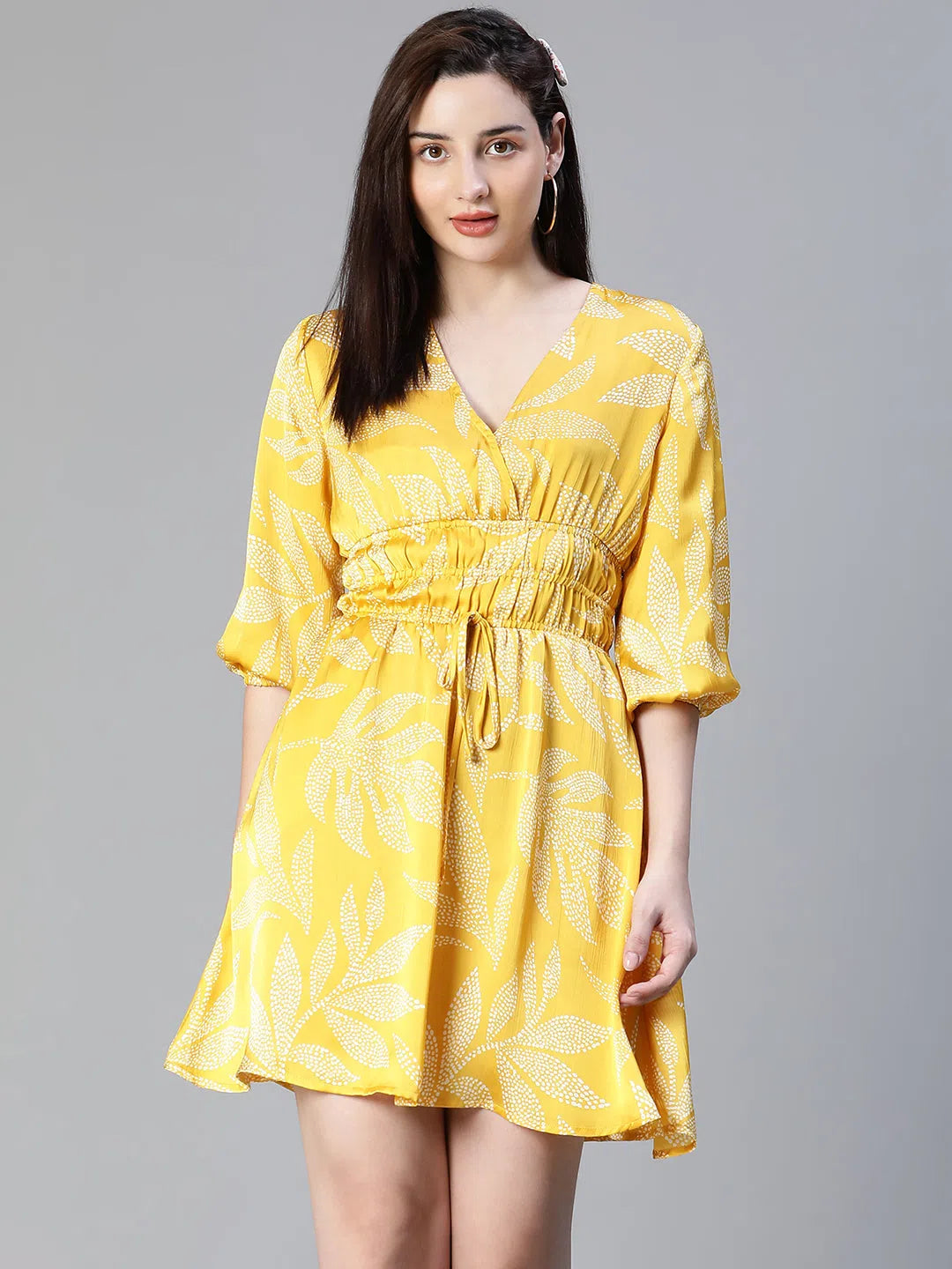 Women's Vintage Garments Women Floral Satin Print Yellow Elasticated Tie-Knot V-Neck Flared Dress-S23109WDR001