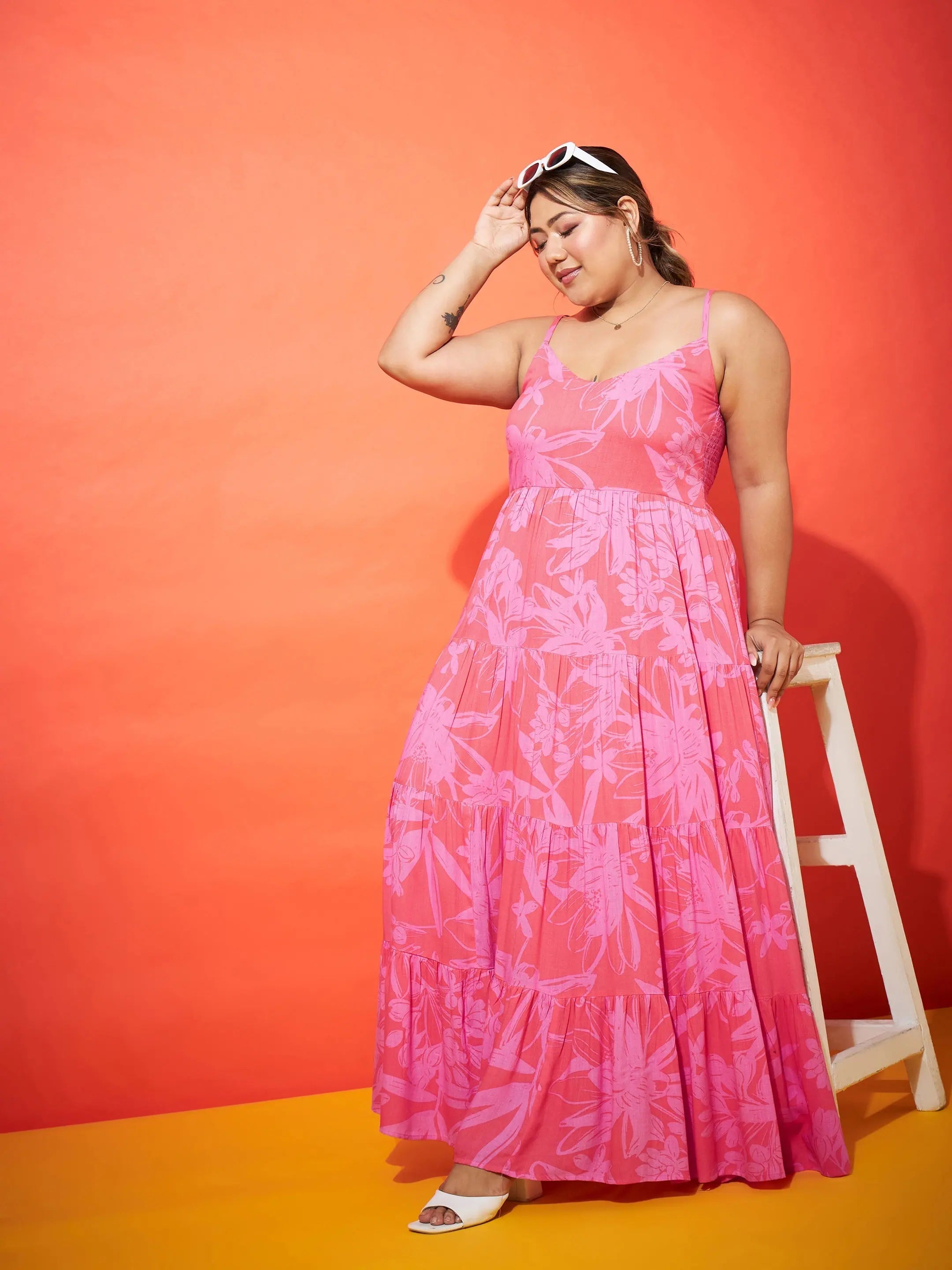 Women's Seasonal Attire Women Pink Floral Strappy Maxi Dress