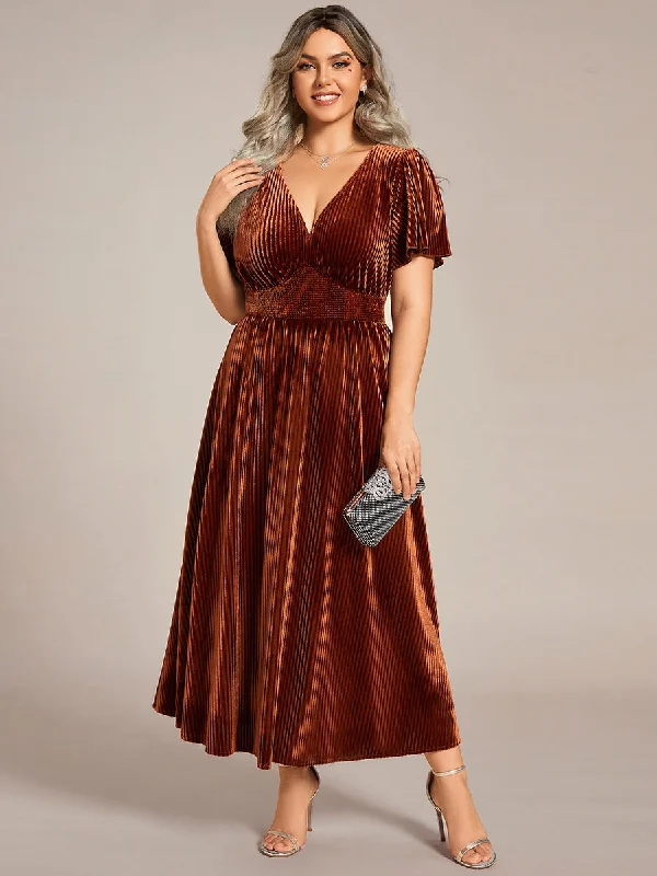 Women's Apparel And Garments Plus-Size-V-Neck Tea Length Velvet Wedding Guest Dresses