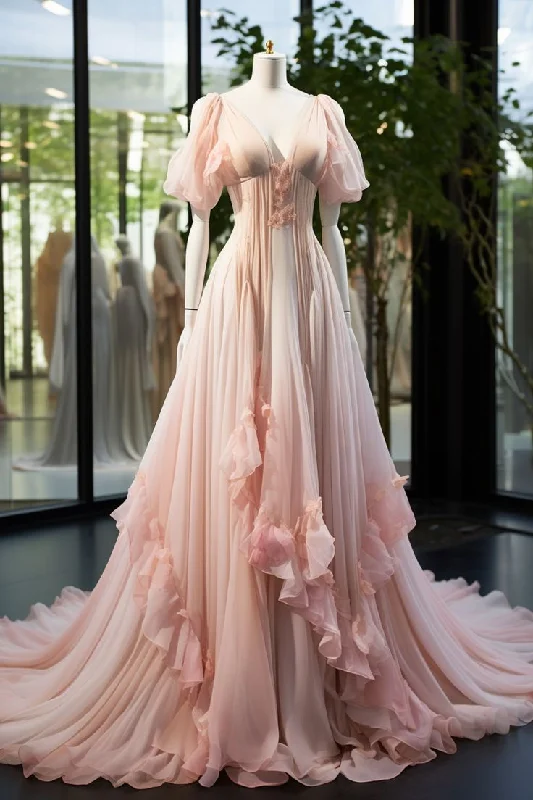 Women's Versatile Apparel Pink gorgeous A-line long ruffled tulle ball gown prom dress evening gown wedding dress graduation gown gh3274