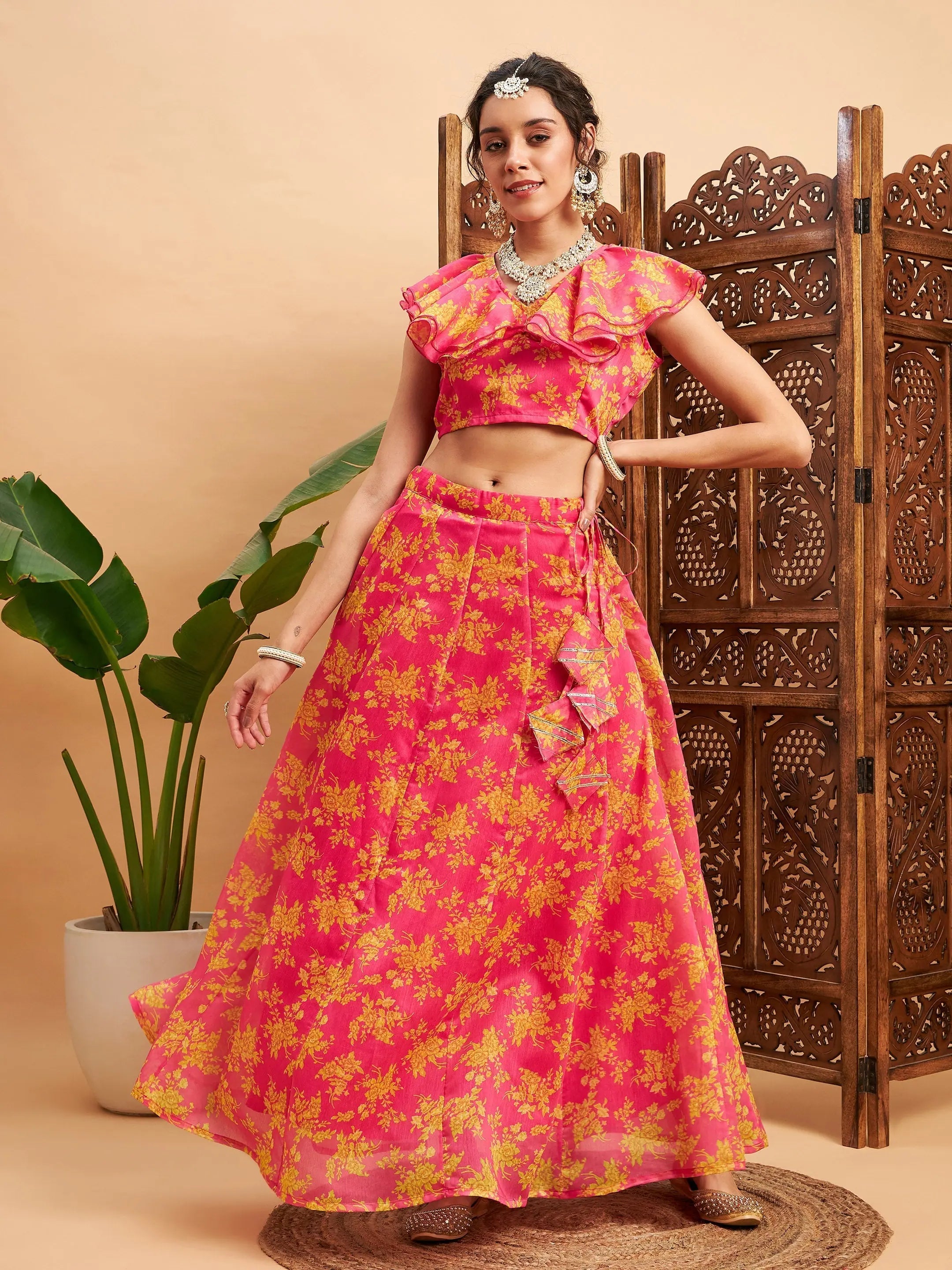 Women's Plus-Size Casual Outfit Women Fuchsia Floral Anarkali Skirt With Frill Crop Top