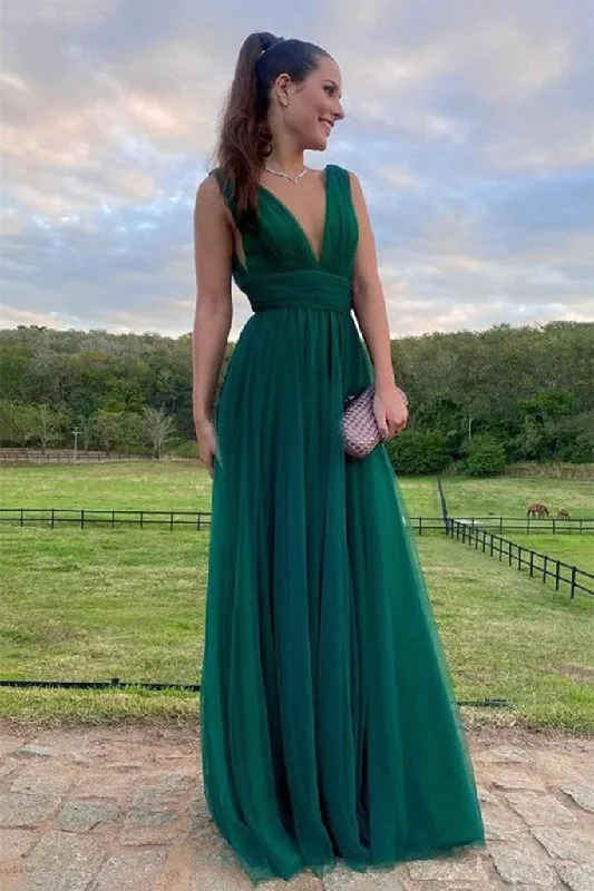 Stylish Women's Apparel A Line Green Tulle Long Prom Dresses V Neck Formal Wedding Guest Dress