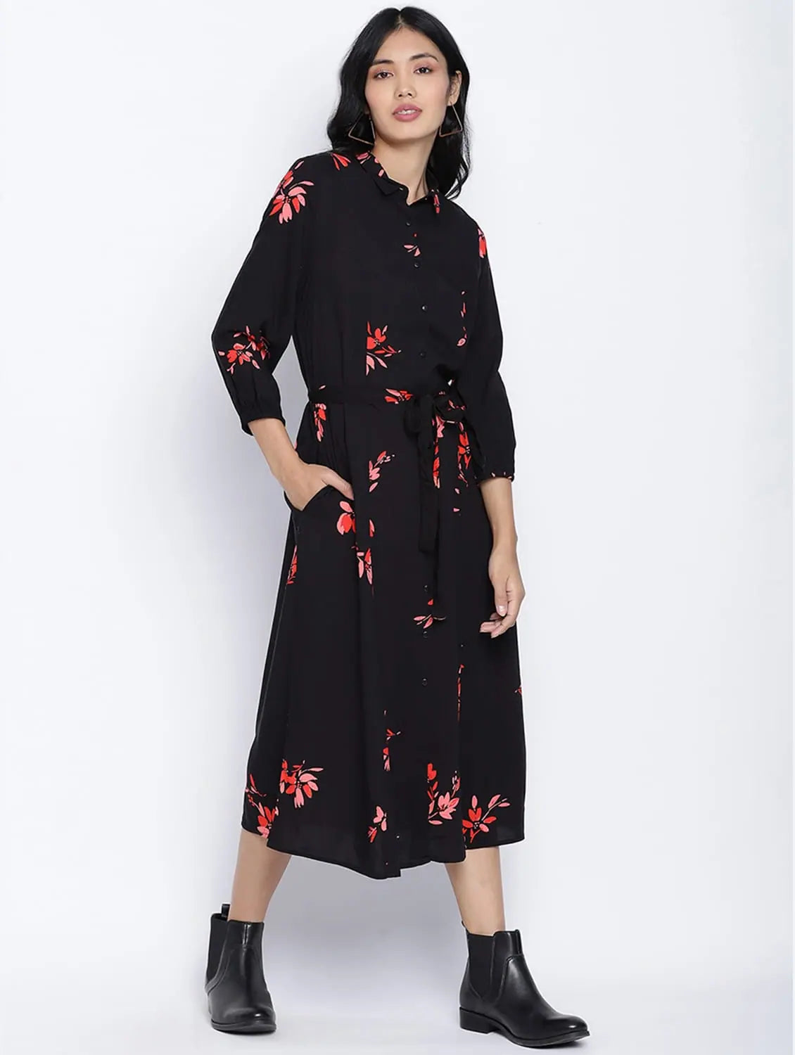 Stylish Women's Apparel Alluring Black Floral Orint Button Down Women Dress