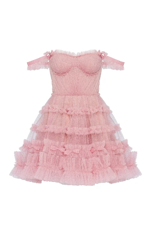 Women's Timeless Attire Flirty ruffled tulle mini dress in misty rose, Glow-Up