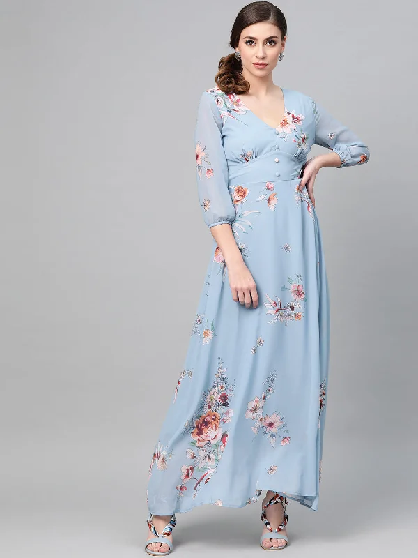 Modern Women's Outfit Women Pale Blue Floral Flared Maxi Dress