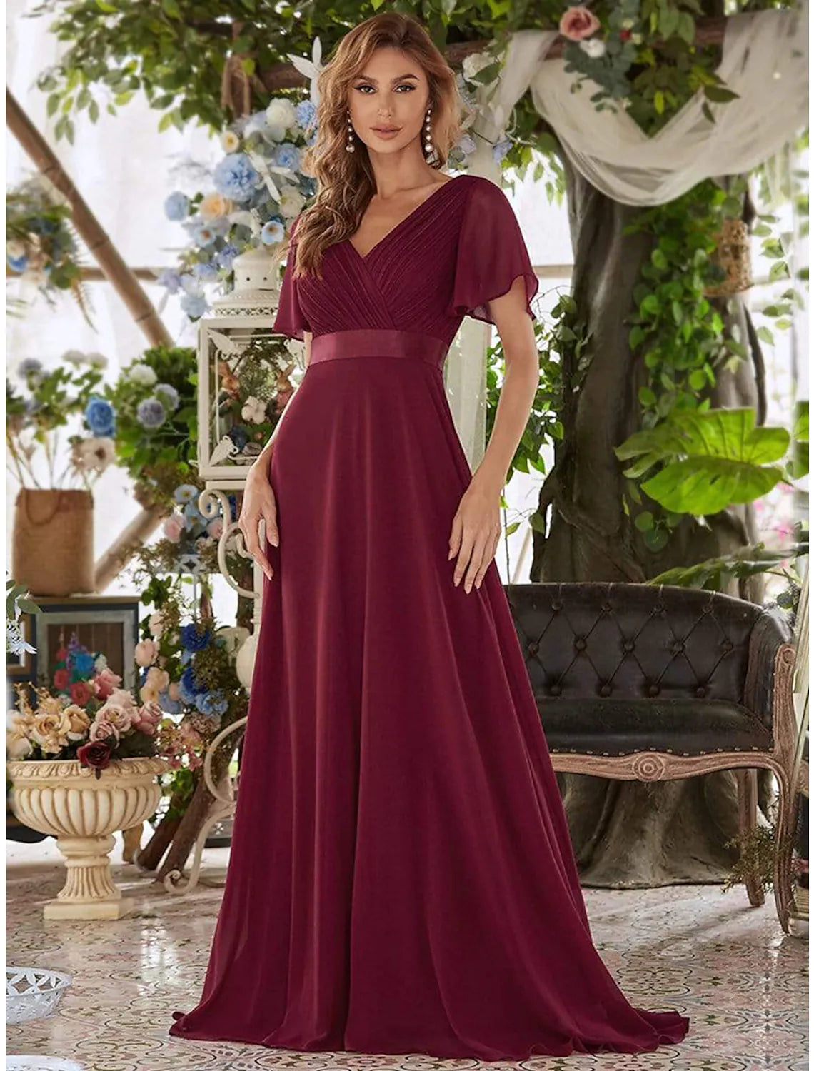 Women's Resort Attire A-Line Evening Gown Dress Wedding Guest Floor Length Short Sleeve V Neck Chiffon V Back with Ruffles