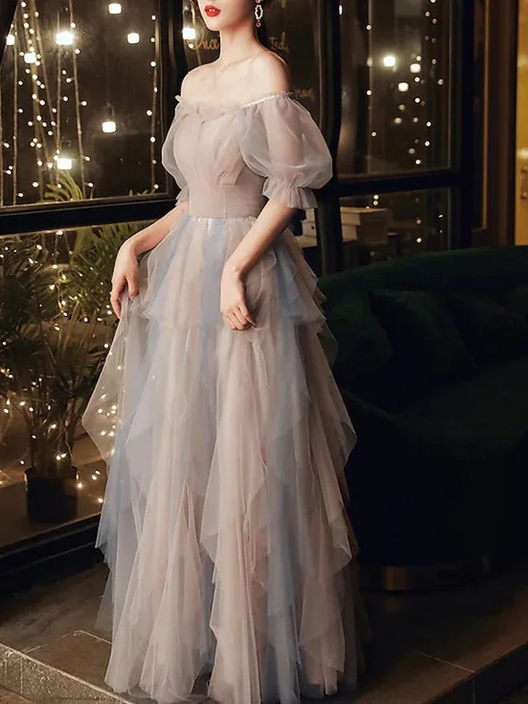 Women's Outerwear Clothing A-Line Prom Dresses Color Block Dress Wedding Party Floor Length Half Sleeve Scoop Neck Tulle with Pleats Ruffles gh2228