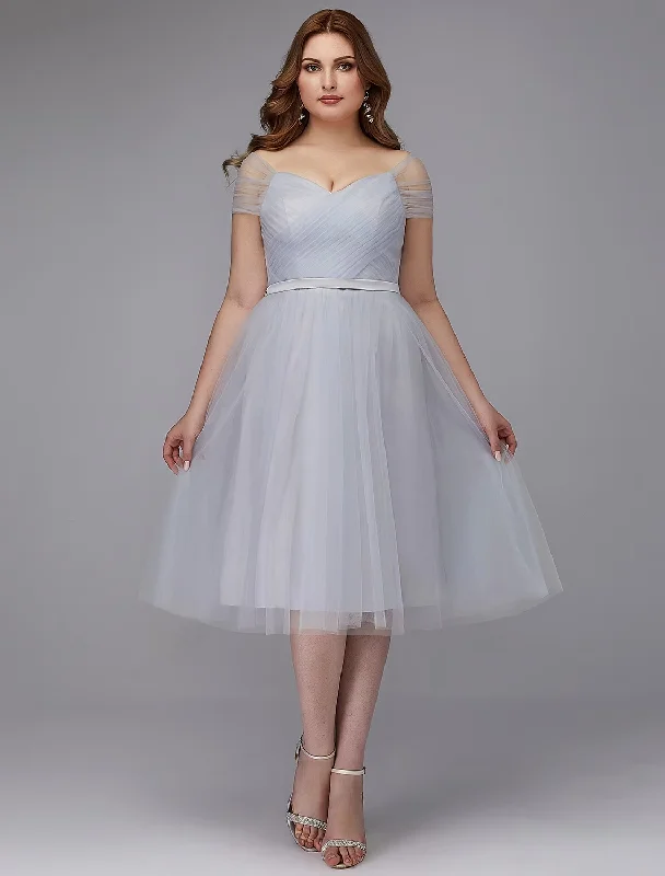 Women's Plus-Size Outfit A-Line Elegant Dress Wedding Guest Tea Length Short Sleeve Off Shoulder Tulle with Sash / Ribbon Criss Cross