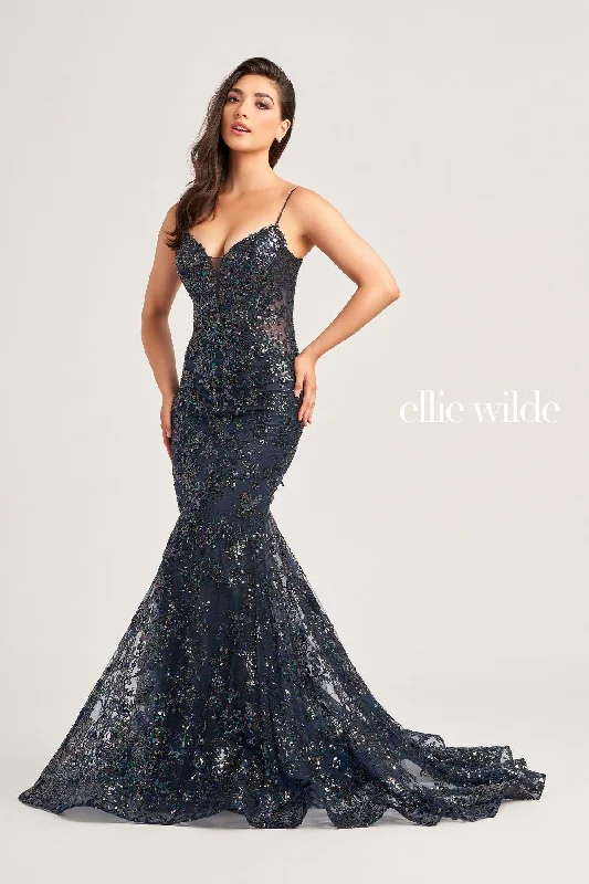 Women's Layered Outfit Ellie Wilde EW35013 Prom Fitted Formal Glitter Long Gown