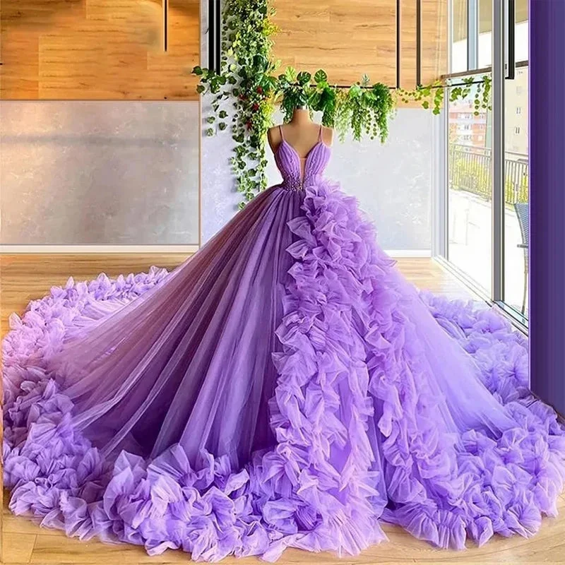 Affordable Fashion Clothing For Women Purple gorgeous fashion V-neck beaded long tulle floor-length trailing ball gown prom dress evening gown wedding dress gh1803