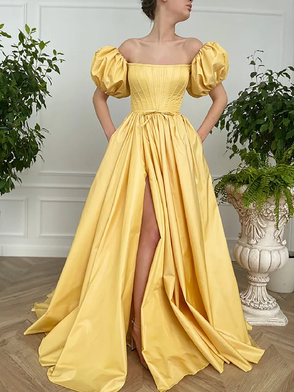 Fashionable Women's Clothing Vintage Fairy Corset Dress, A line Straight Long Yellow Taffeta Prom Dress Ball Gown, Short Sleeve Wedding Ball Gown Prom Dress with Slit gh2420