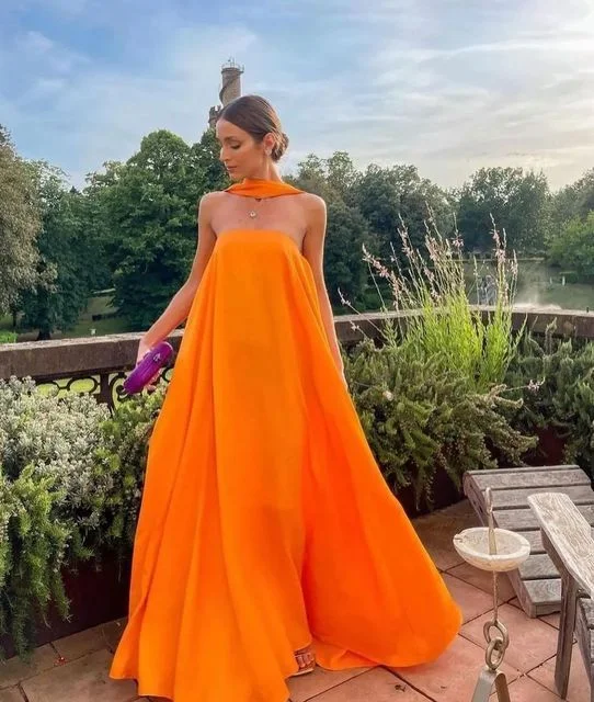 Charming Women's Clothes For Special Events Orange Elegant Flowing A-Line Off Shoulder satin Long Ball Gown Evening Dress Wedding Guest Party Dress gh3093