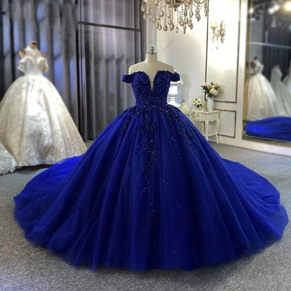 Women's Night-Out Clothes Blue Off Shoulder Lace Applique A-Line Long Ball Gown Evening Gown Bridal Gown Wedding Dress gh3103