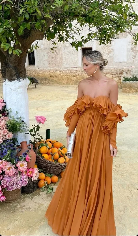 Women's Transitional Clothes Yellow Brown Elegant Solid Color Fashion Off Shoulder Chic Ruffle Long Evening Dress Party Dress Wedding Guest Dress gh3066