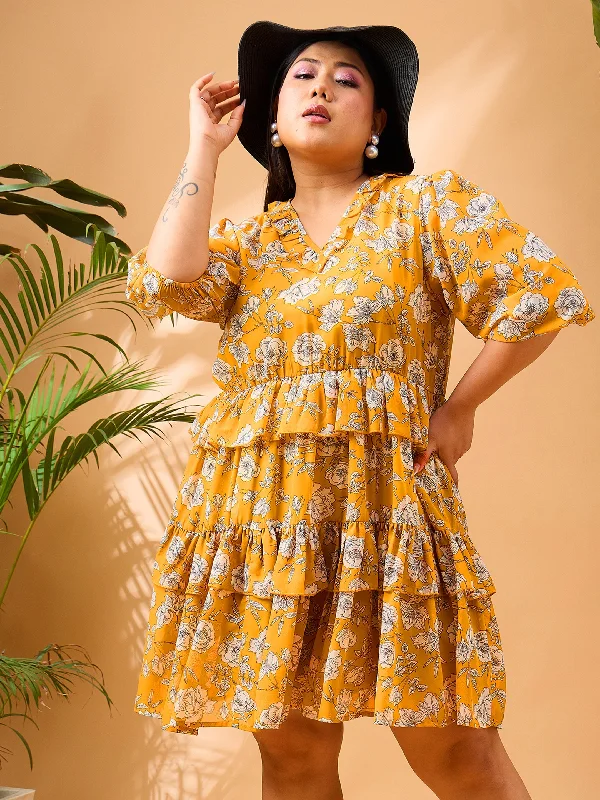 Women's Vintage-Inspired Outfit Women Yellow Floral Printed Frill Short Dress