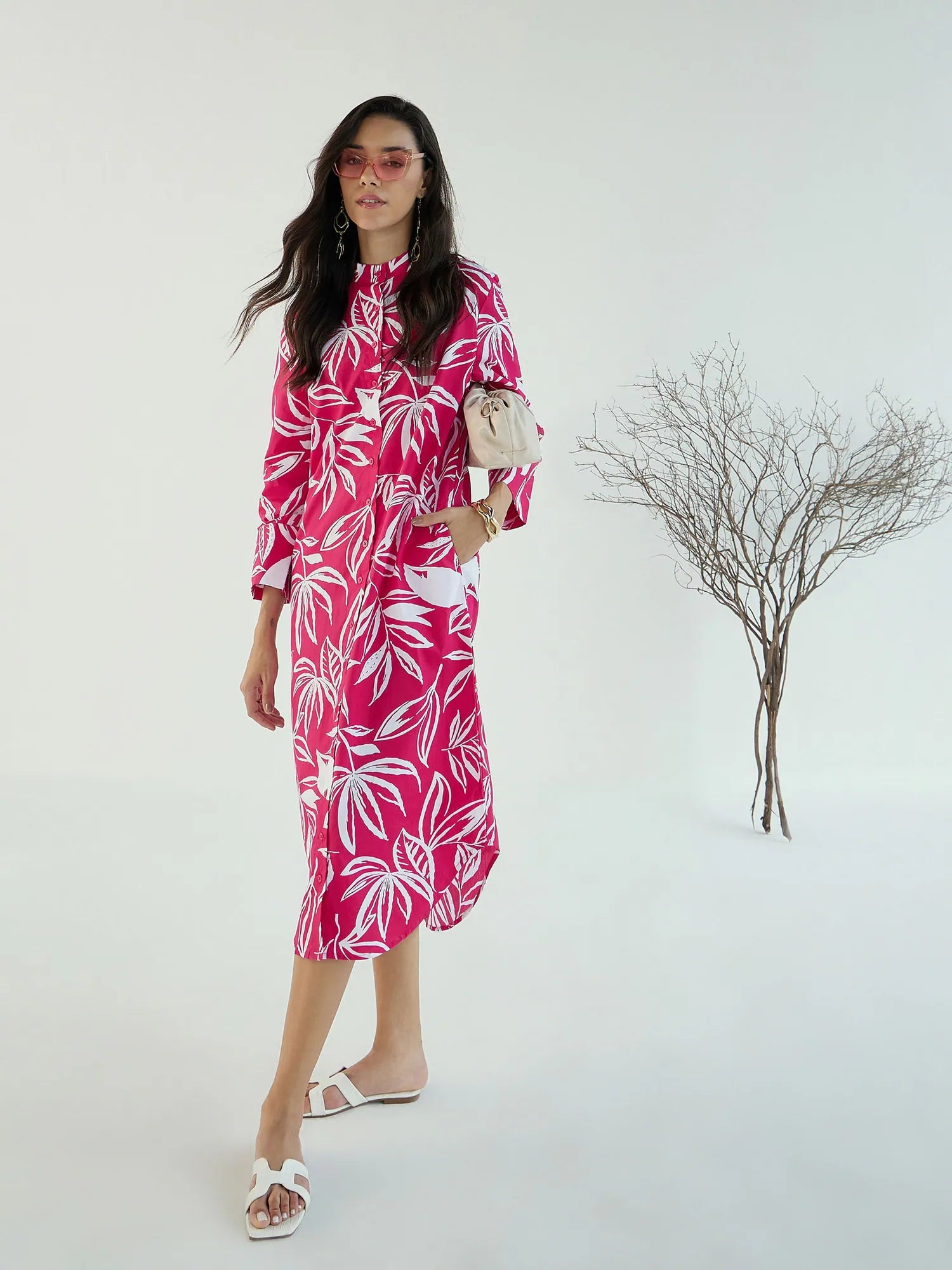 Women's Evening Wear Outfit Women Fuchsia & White Floral Shirt Dress-SFDRSS12441