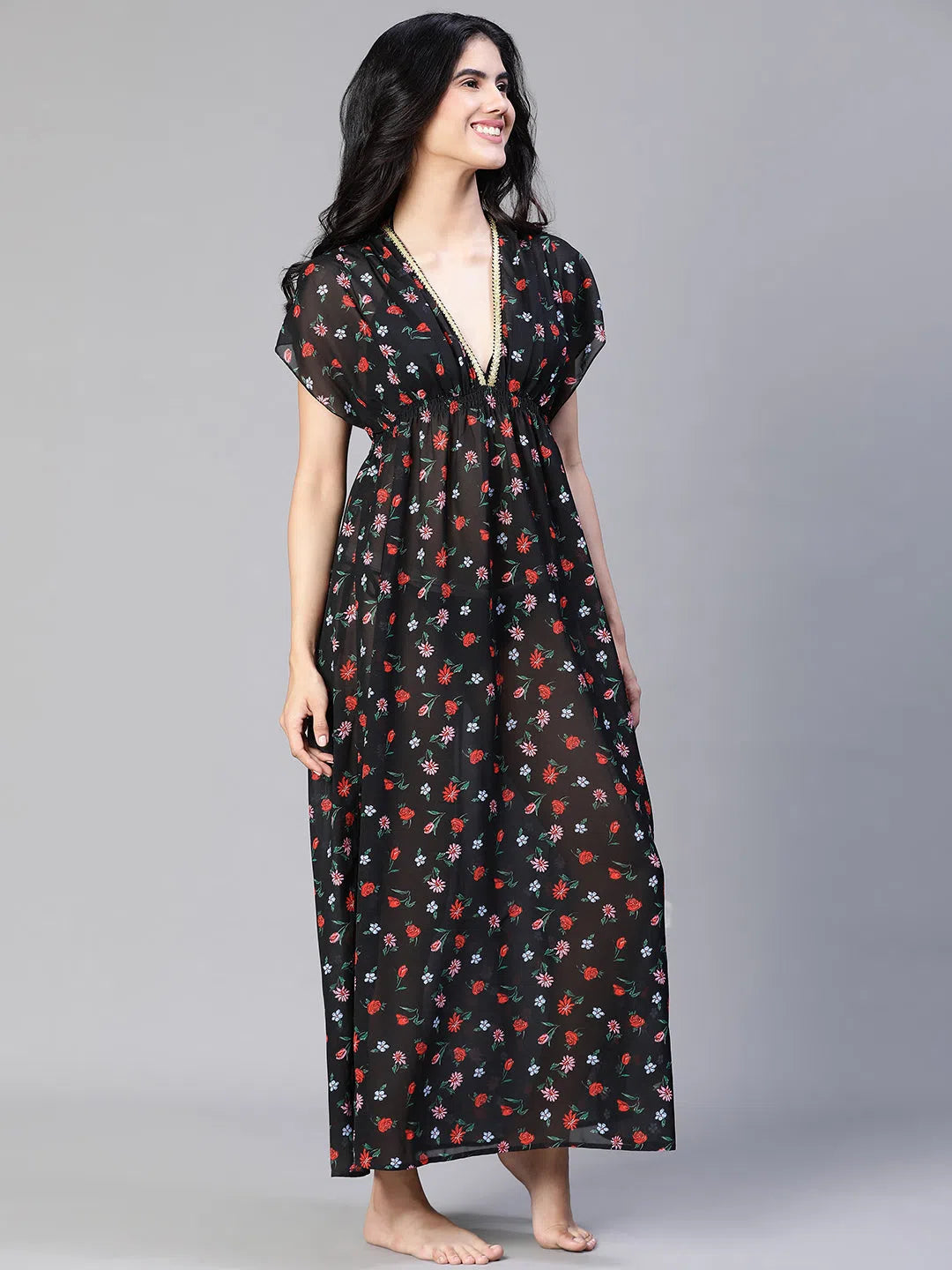 Chic Women's Garments Women Black Floral Print Laced & Elasticatedslit Maxi Beachwear Dress-S23127WBW003