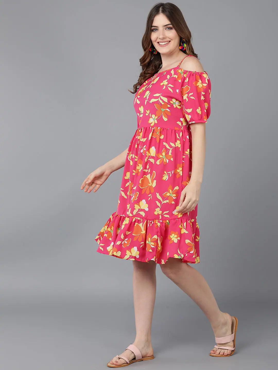 Women's Workout Garments Ahika Women Coral Yellow Floral Printed Off Shoulder Fit And Flare Dress