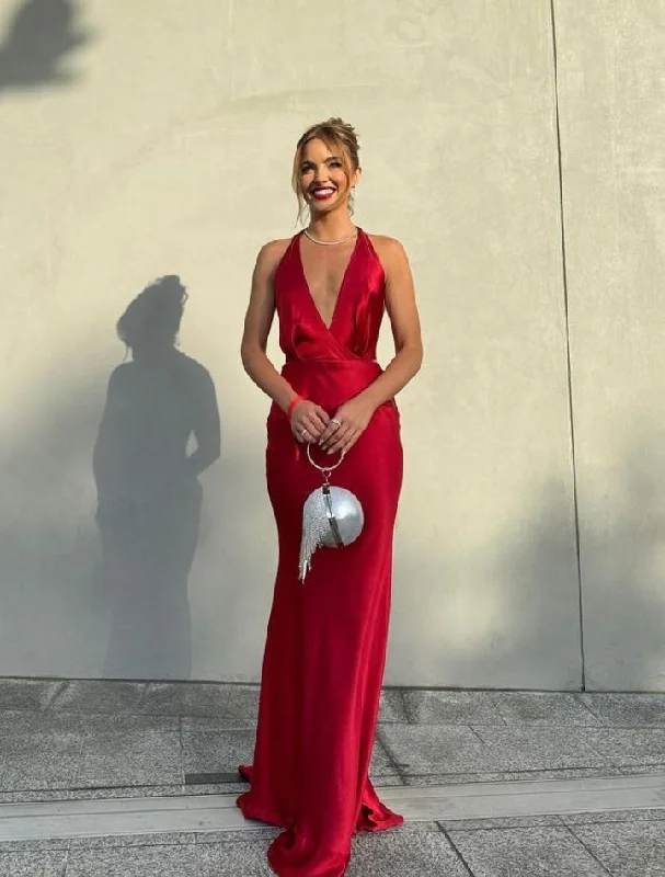 Women's Elegant Clothes Red simple elegant V-neck long sexy satin ball gown evening dress wedding guest dress gh3055