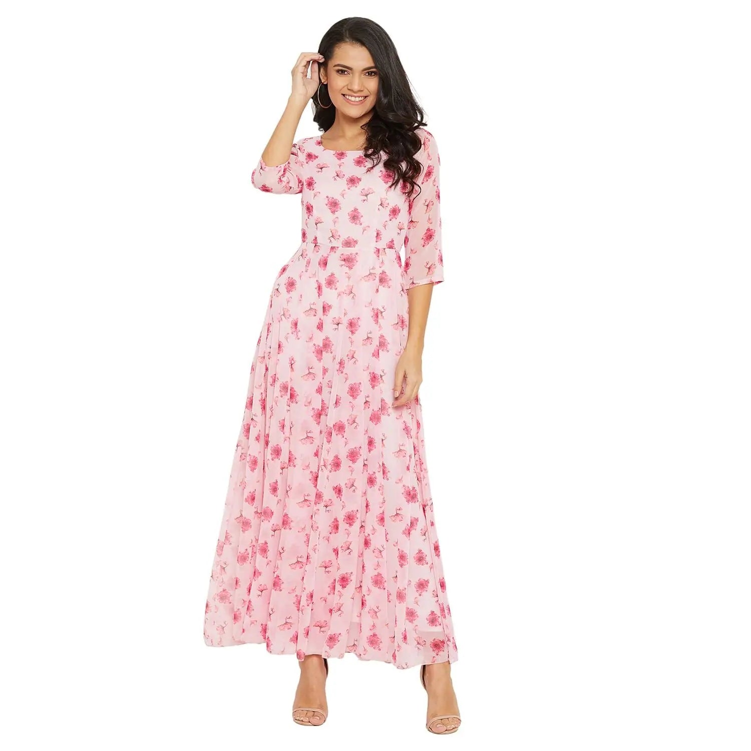 Women's Vacation Outfit Set Adults-Women Pink Floral Printed Maxi dress