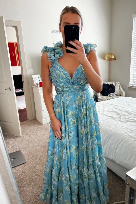 Women's Casual Apparel For Weekends Blue elegant chiffon floral long prom dress evening gown garden party dress gh2800