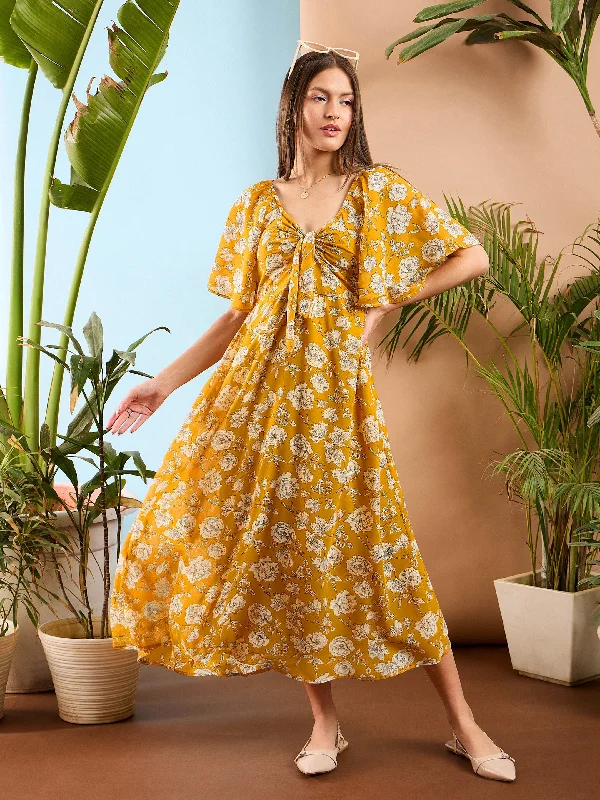 Women's Relaxed Outfit Women Yellow Floral Front Tie Midi Dress