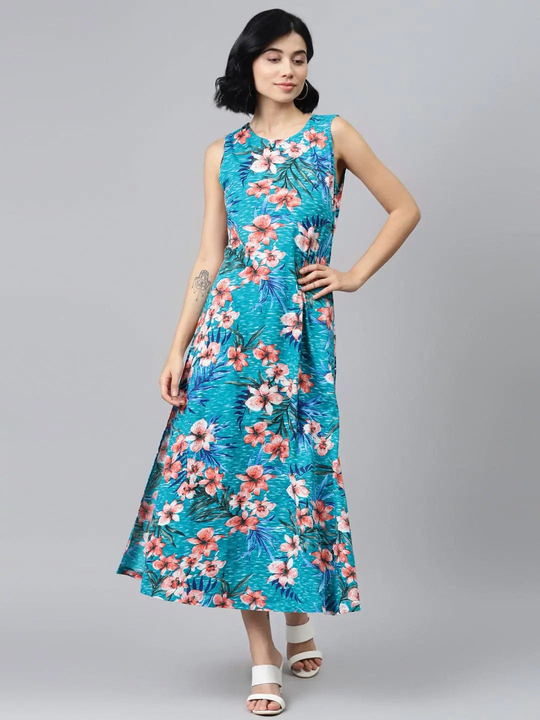 Women's Work Outfit Blue Floral Sleeveless Jersey Maxi Dress