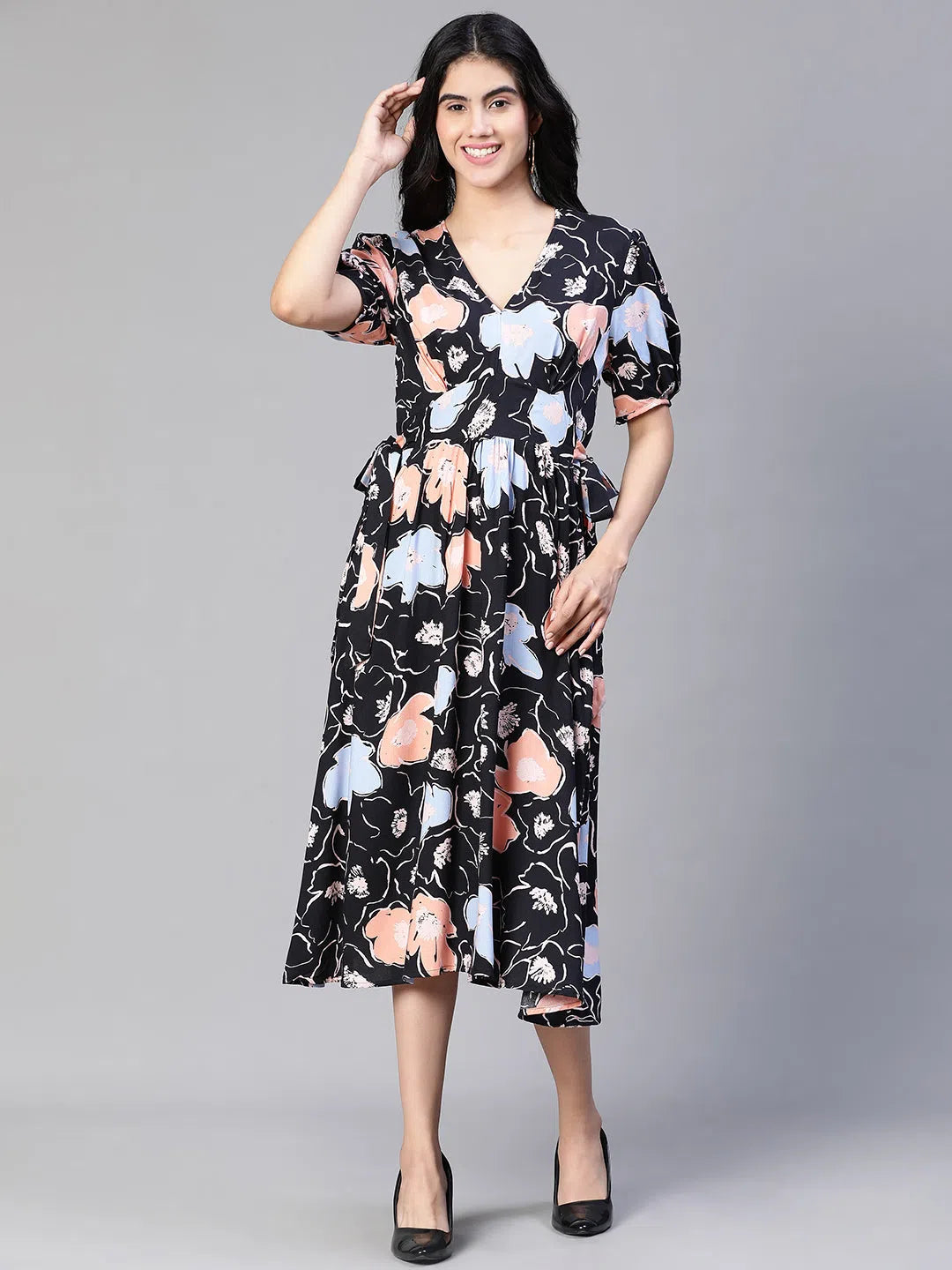 Women's Clothing And Garments Sets Women Black Floral Print Tie-Up Long Flared Dress-S23122WDR003