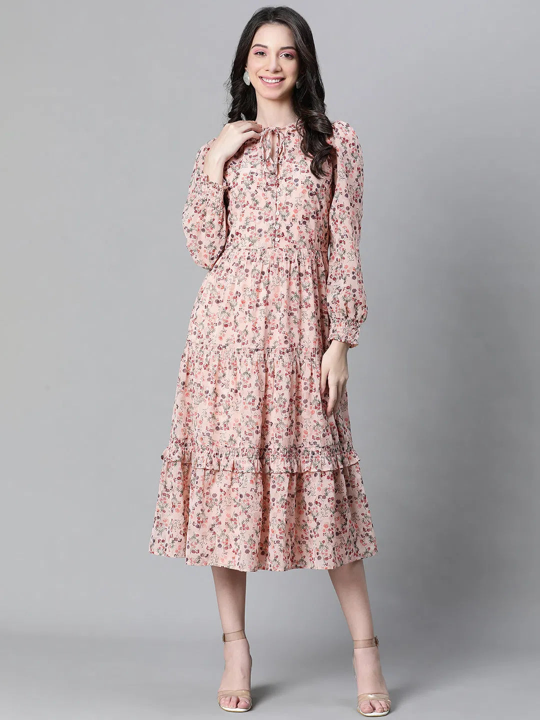 Women's Comfortable Garments Women Peach Floral Lurex Print Round Neck Long Sleeve Elasticated Flare Long Maxi Dress-W23114WDR001