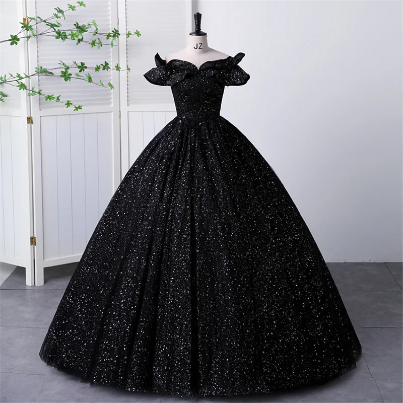 Women's Classic Attire Black Sparky Off Shoulder Ball Gown Floor Length Party Dress In Wedding