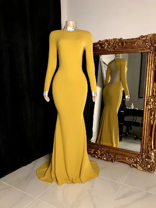 Women's Outerwear Apparel Winter Wedding Guest Dresses Long Sleeves High Neck Yellow Prom Dresses