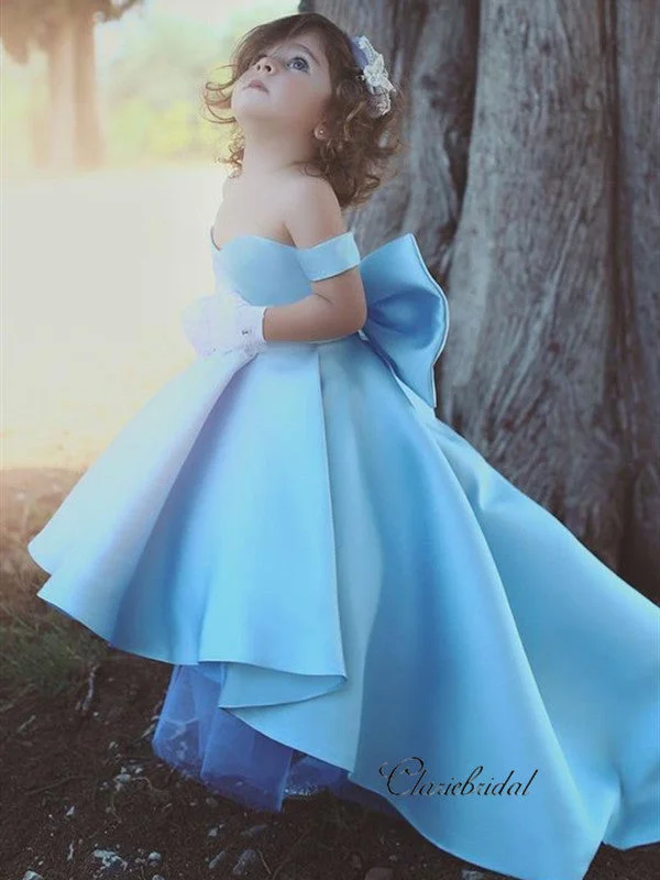 Women's Elegant Outfit Off The Shoulder A-line Flower Girl Dresses, Satin Princess Wedding Girl Dresses