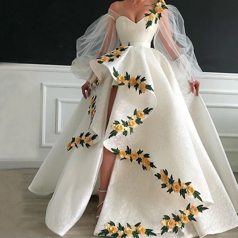 Women's Clothing For Outdoor Events White yellow three-dimensional flower heart-shaped neckline long ball gown evening dress wedding dress gh993