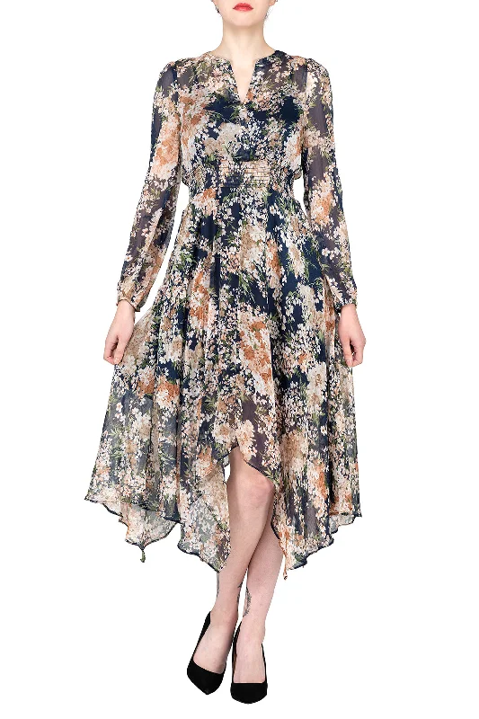 Women's Professional Clothes TWO PEARS-Long Sleeve Floral Elastic Waist Asymmetrical Dress With Bottom Dress