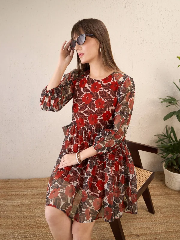 Timeless Women's Outfit Women Red Floral Organza Tiered Short Dress