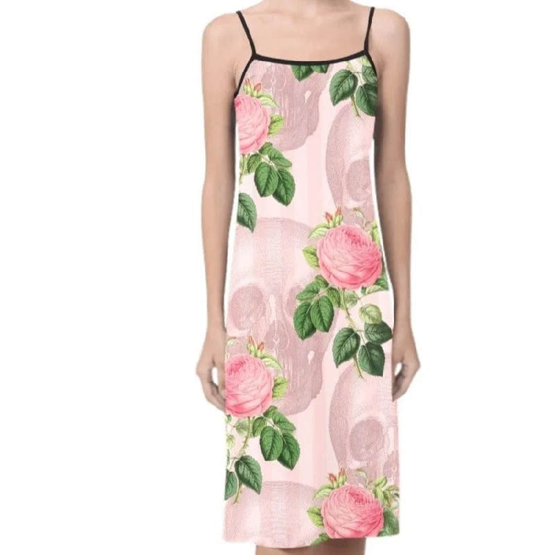 Casual Clothes For Women Pink Floral Skull Spaghetti Strap Slip Dress