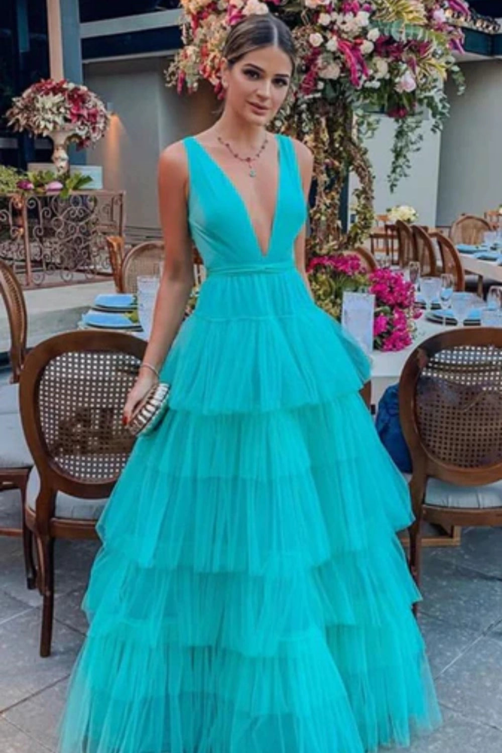 Women's Casual Apparel For Weekends Blue fashion V-neck elegant A-line long floor-length tulle ball gown evening dress wedding guest party dress gh980