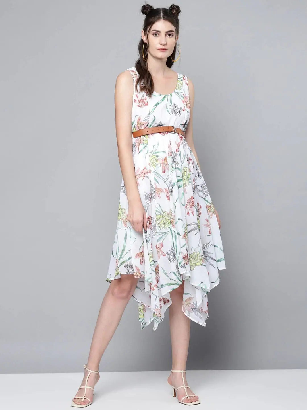 Sustainable Women's Clothes White Floral Asymmetric Belted Midi Dress