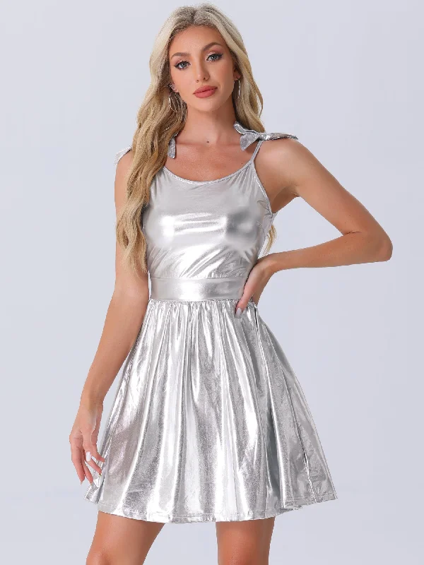 Women's Active Clothing Spaghetti Straps Metallic A-Line Sleeveless Party Mini Dress