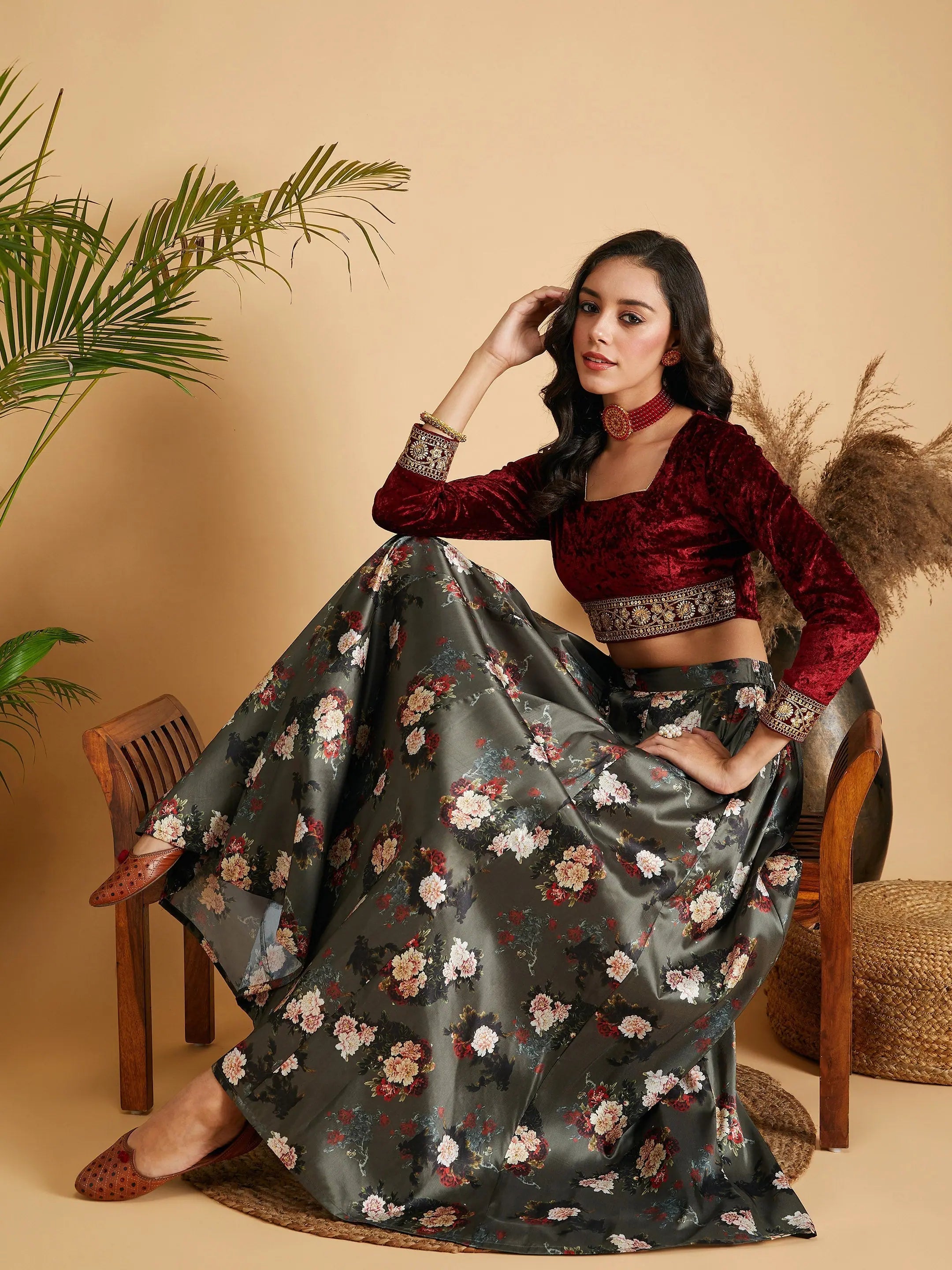 Women's Trendy Casual Outfit Women Olive Floral Skirt With Maroon Velvet Full Sleeves Crop Top