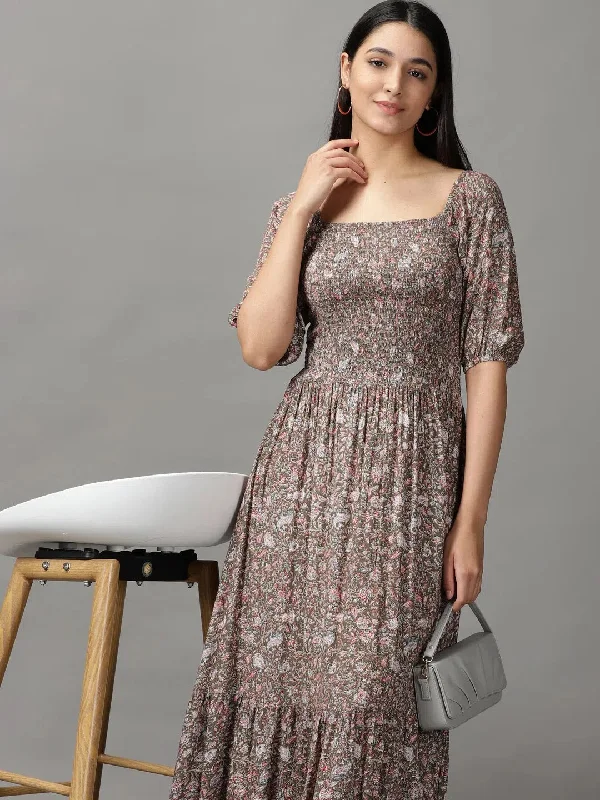 Casual Outfit For Women Women's Grey Floral Fit and Flare Dress-AE-15714-Grey