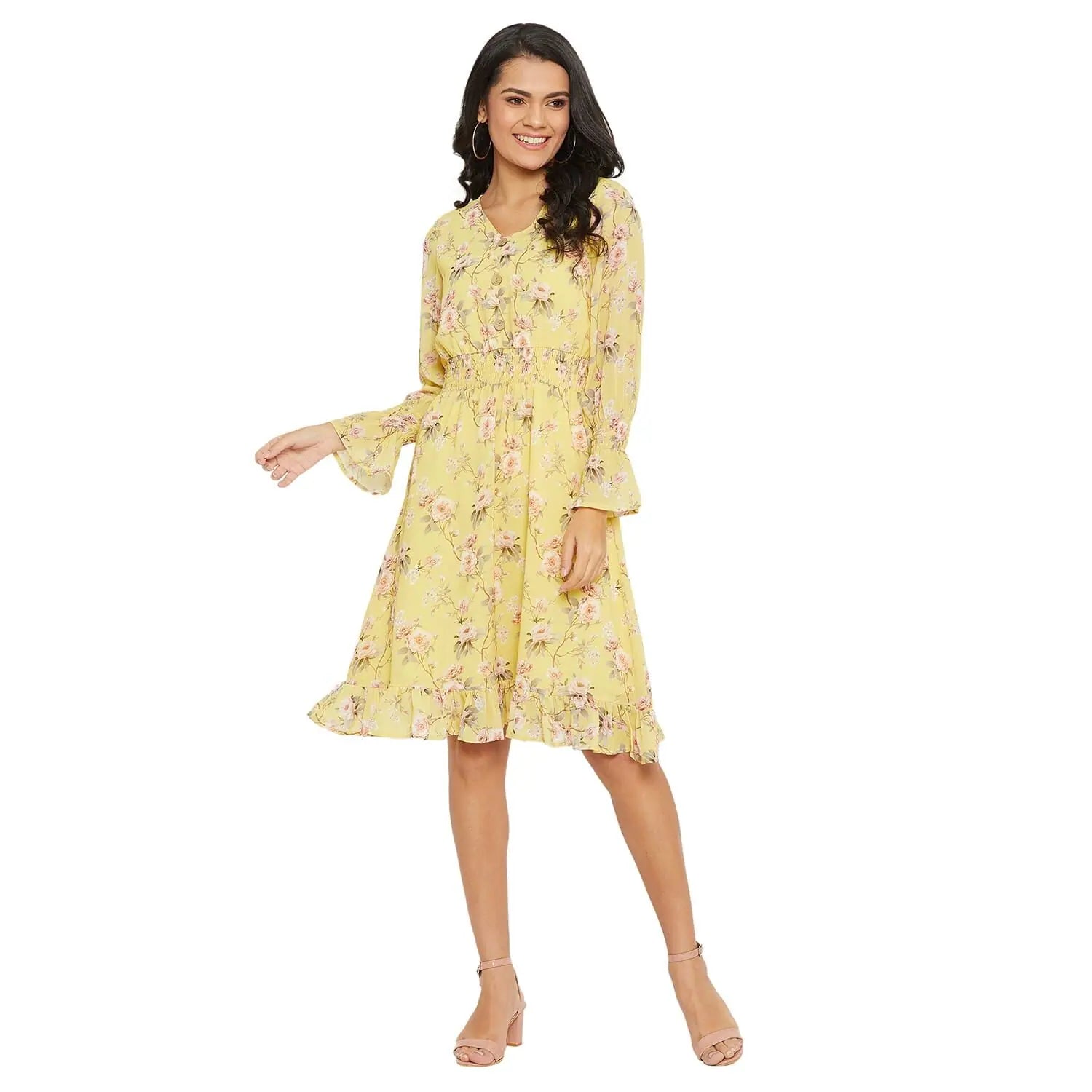 Women's Transitional Clothes Adults-Women Lemon Floral Print Smocked A-line Dress