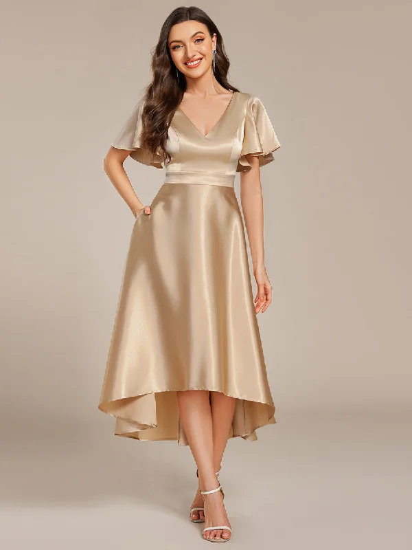 Women's Luxury Apparel Elegant Ruffles Sleeve Midi Length Satin Wedding Guest Dresses with Asymmetrical Hem