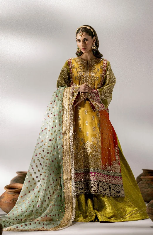 Women's Casual Wear Clothes Yellow Pakistani Wedding Dress in Embroidered Kameez Sharara Style